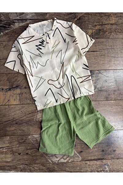 SÜSLÜ KİDS Boy's Printed Linen/Muslin Fabric Shorts Set