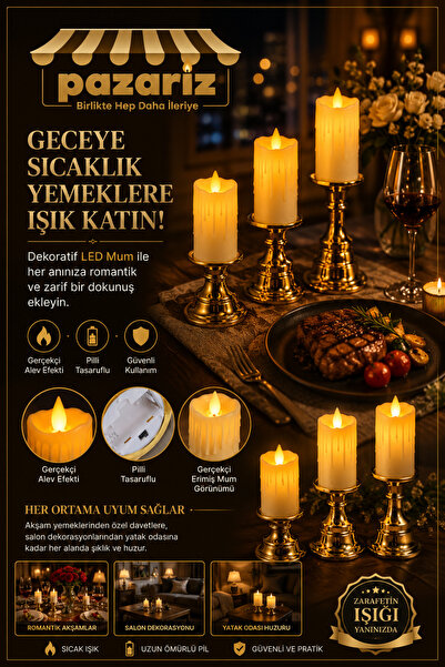 pazariz Şamdanlı 3'lü LED Mum Seti Dekoratif Pilli ve Romantik Mumlarla Evini...