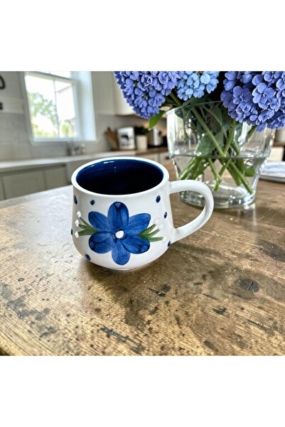 Seramik El İşçiliği Mavi Çiçek Desenli Mug Kupa Bardak