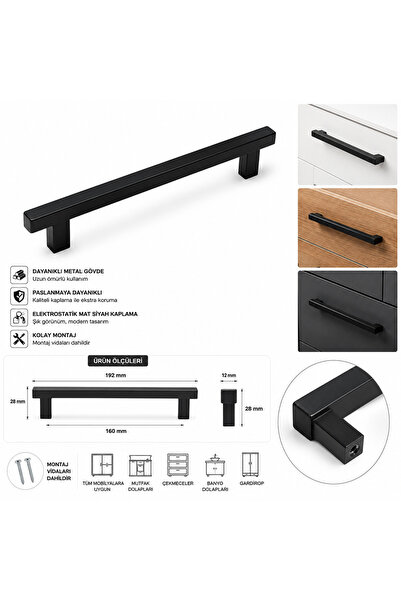Ser Yapı Mat Siyah Mobilya Kulpu Modern Metal Dolap Çekmece Kulpu 180 mm Vida...