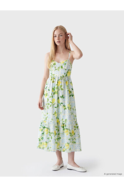 LC Waikiki Nevavm Lemon Patterned Poplin Dress with Rope Straps