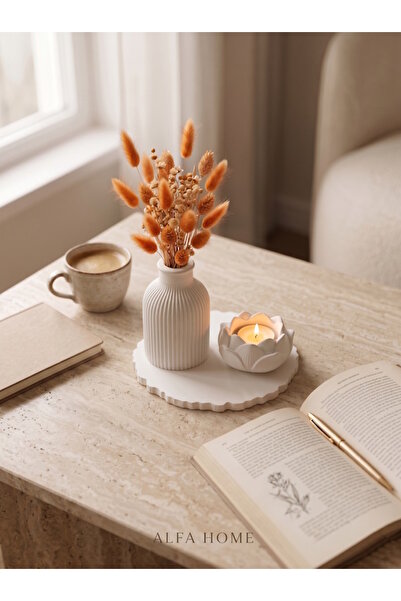 ROSA RAİN Modern Minimalist Beyaz 3'lü Dekoratif Set Mumluk ve Sunum Seti Lot...