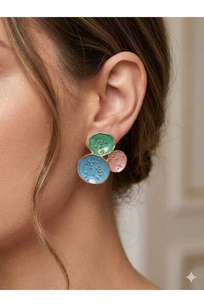 beyna aksesuar Gold Plated Earrings in Blue, Pink and Green Mineral Colors 3.5cm