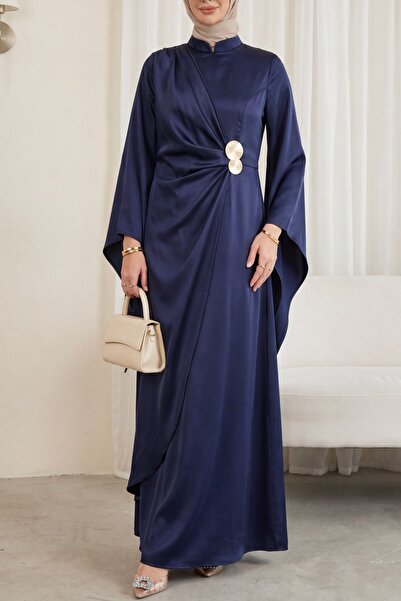 Modamorfo Buckle Detailed Double Layered Asymmetrical Sleeve Satin Evening Dr...