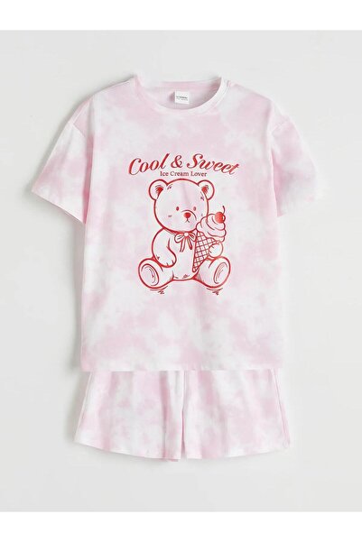 LC Waikiki Bisiklet Yaka Baskılı Kız Çocuk Şortlu Pijama Takımı (S6)