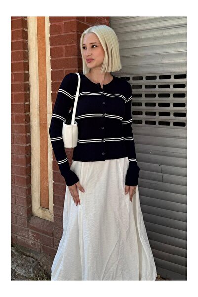 LC Waikiki Nevavm Navy Blue Striped Women's Knitwear Cardigan Mg2481