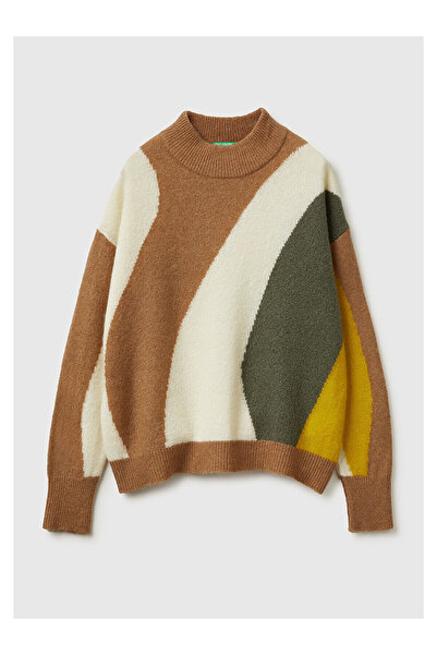 LC Waikiki Nevavm Women's Beige Mix Wool Blended Patterned Oval Collar Sweate...