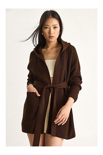 LC Waikiki Nevavm Women's Hooded Shawl Collar Belted Cardigan with a Difference