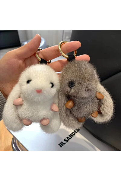 Choice1 white grey Fluffy Rabbit Pompon Keychain 2pcs Cute Fur Ball Bunny Pen...