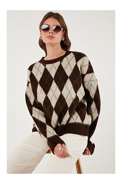 LC Waikiki Nevavm Oversize Fit Oval Neck Argyle Patterned Soft Textured Women...