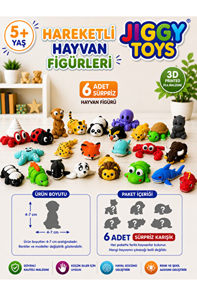 Jiggy Toys 6 Adet Eklemleri Hareketli, Organik, Eğitici Minik Hayvan Figür Sü...