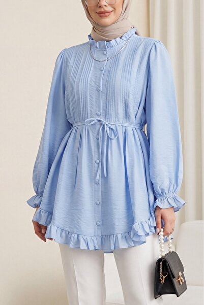 Modamorfo Ribbed Cupra Tunic with Elastic Sleeves and Ruffle Detail - Baby Blue