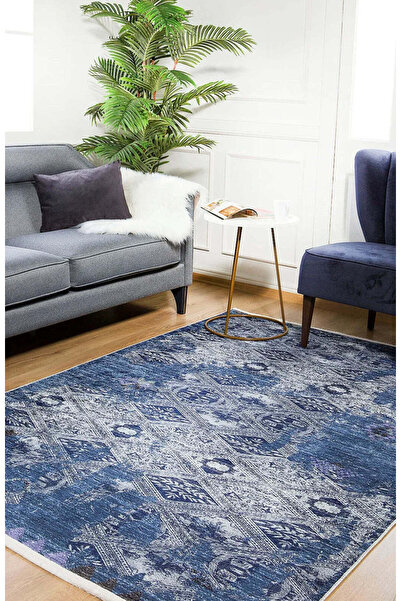 halinet Halı.Net Blue Vintage Antique Washable Non-Slip Living Room Carpet Ha...