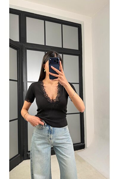 GAUS CO Black Lace Detailed Knitwear Blouse Gaus-01409