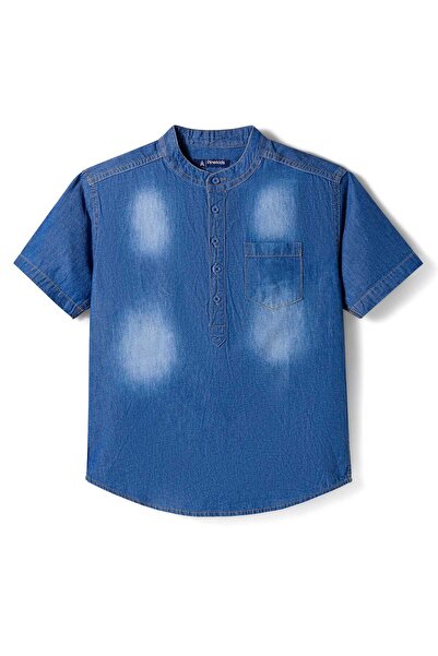 Pine kids Denim Woven Half Sleeves Mandarin Collar Washed Shirts - Blue