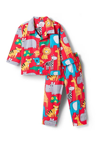 Babyhug Cotton Woven Full Sleeves Co-ord Night Suit With Animal Print - Red