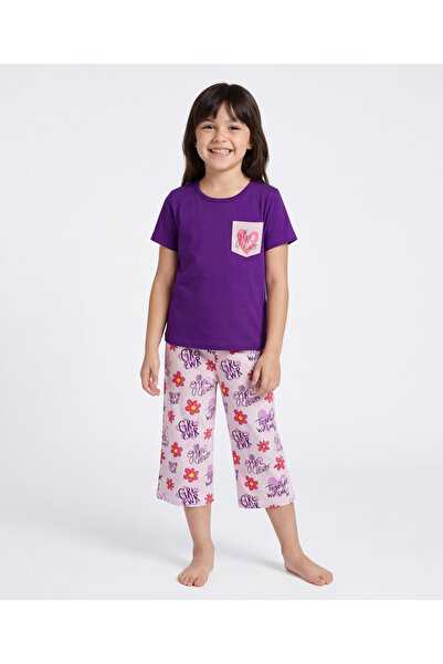 Pine kids Cotton Knit Half Sleeves Capri Night Suit with Floral Print - Purple