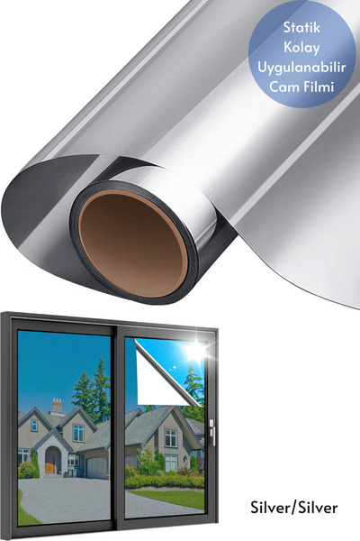 Technojet 90x100 cm Aynalı Cam Filmi Silver Silver Statik UV Güneş Koruyucu C...