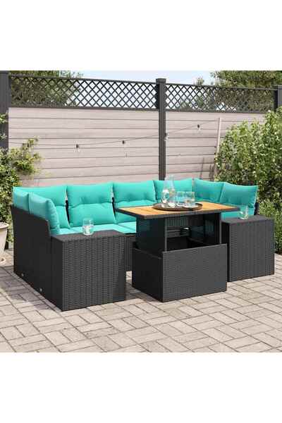 vidaxl Set canapele de gradina cu perne, 7 piese, negru, poliratan