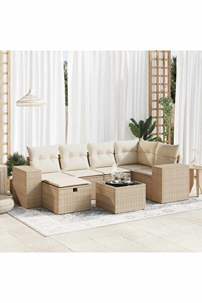 vidaxl Set canapele de gradina, 7 piese, cu perne, bej, poliratan