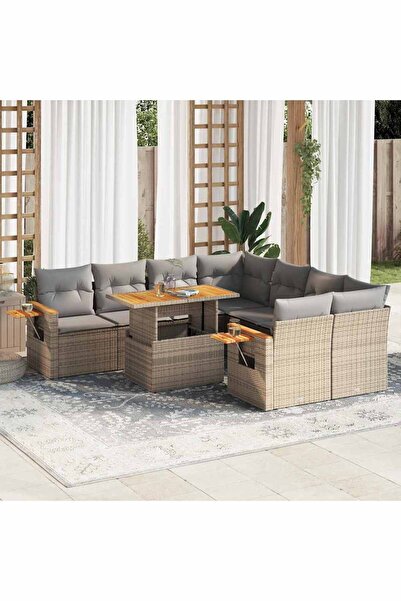 vidaxl Set canapele gradina cu perne 9 piese bej poliratan/lemn acacia