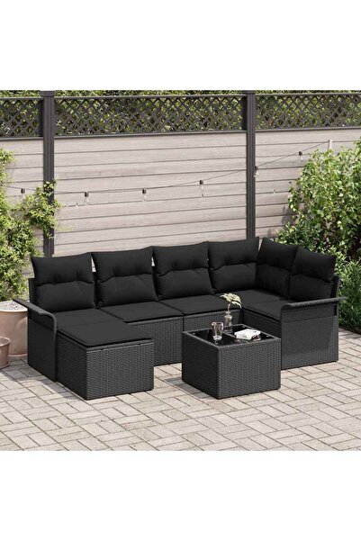 vidaxl Set de canapele pentru gradina cu perna 7 pcs Negru poliratan