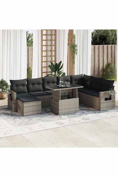 vidaxl Set canapele de gradina, 9 piese, cu perne, gri, poliratan