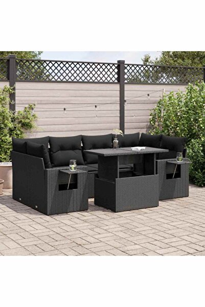 vidaxl Set canapele de gradina cu perne, 7 piese, negru, poliratan
