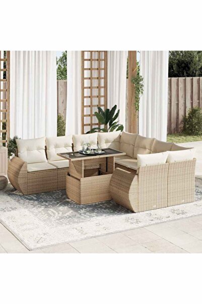 vidaxl Set canapele de gradina, 9 piese, cu perne, bej, poliratan