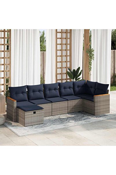 vidaxl Set canapele de gradina, 7 piese, cu perne, gri, poliratan