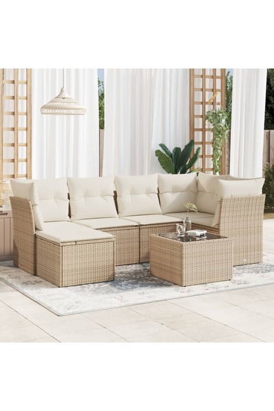 vidaxl Set canapele de gradina, 7 piese, cu perne, bej, poliratan
