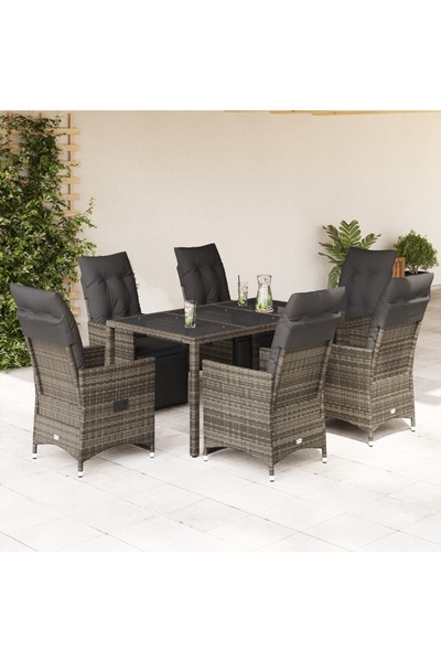vidaxl Set bistro de gradina cu perne, 7 piese, gri, poliratan