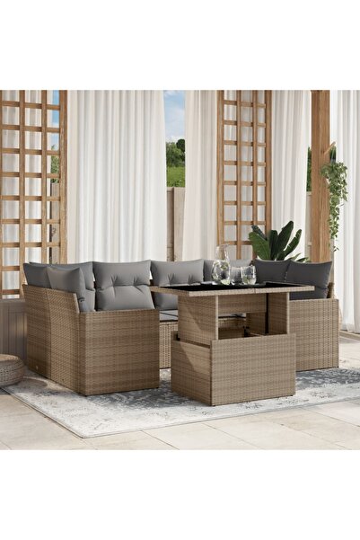 vidaxl Set canapele de gradina, 7 piese, cu perne, bej, poliratan