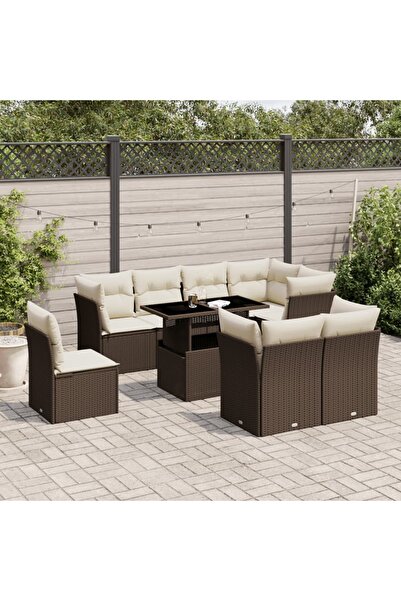 vidaxl Set canapele de gradina cu perne, 9 piese, maro, poliratan