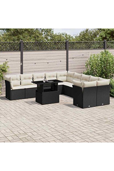 vidaxl Set canapele de gradina cu perne, 11 piese, negru, poliratan