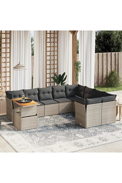 vidaxl Set mobilier de gradina cu perne, 10 piese, gri, poliratan