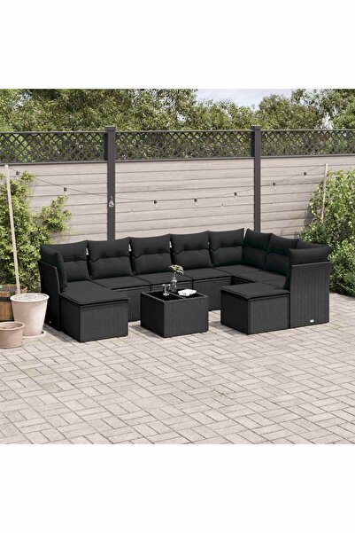 vidaxl Set canapele de gradina cu perne, 10 piese, negru, poliratan