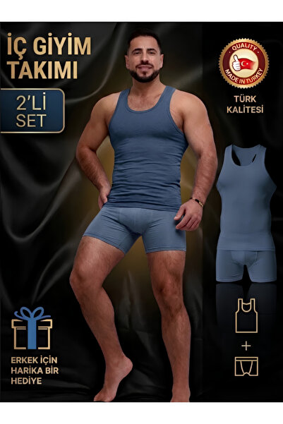 Mercan Erkek Mavi Atlet Takım Özel Kutuda Uzun Kesim Boxer + Sporcu Atlet