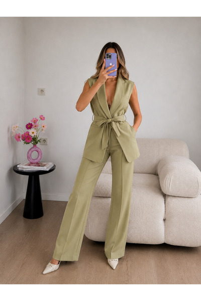 Ekim Store Σετ με διπλόστηθο γιλέκο με ζώνη, παντελόνι και μπλέιζερ
