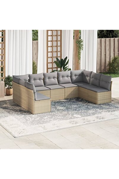 vidaxl Set canapele de gradina, 9 piese, cu perne, bej, poliratan