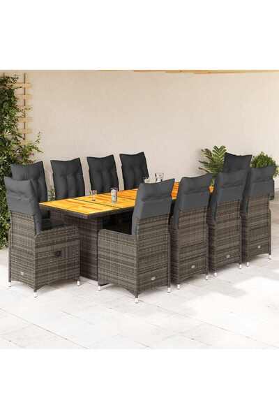 vidaxl Set bistro de gradina cu perne, 11 piese, gri, poliratan