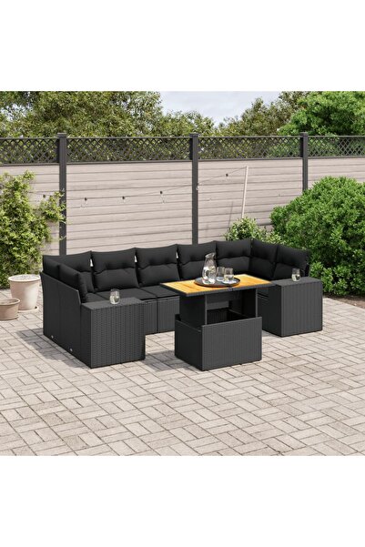 vidaxl Set mobilier de gradina cu perne, 8 piese, negru, poliratan