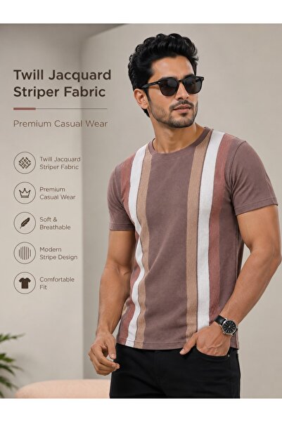 DİO Premium Men’s Sky Blue Twill Jacquard Striper T-Shirt | Soft Breathable C...