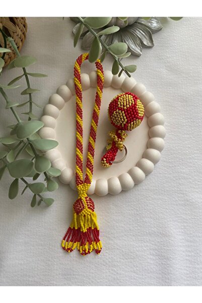 Handmade KUM BONCUK EL İŞİ SARI KIRMIZI İKİLİ SALLAMA TESBİH VE TOP ANAHTARLIK