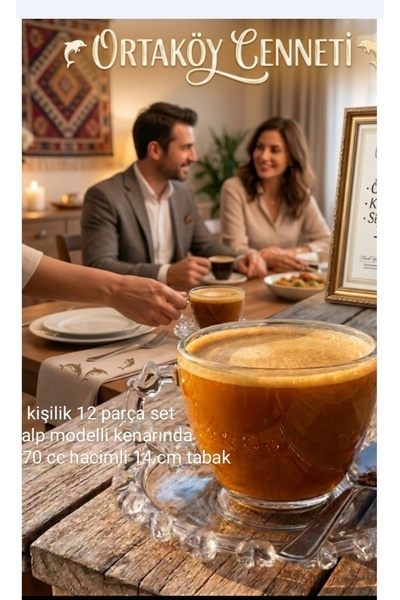 ORTAKÖYCENNETİ 6 kişilik 12 parça Kalp desenli boncuklu çay fincan seti 170 c...