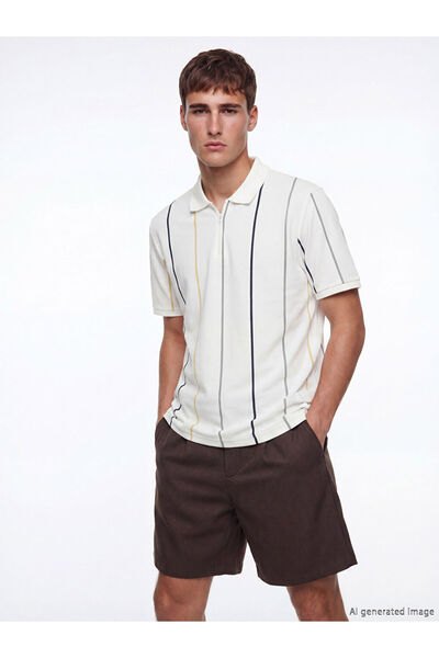 LC Waikiki Ecru Polo Neck Striped Pique Men's T-Shirt