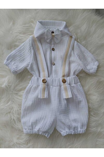 ykr design Erkek Bebek Yeni Doğan Müslin Yazlık Şort Salopet Gömlek Papyon Takım