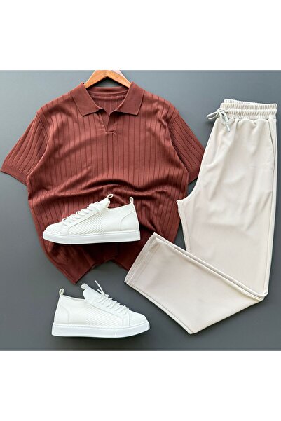 Beylerce Nurse Collar Ribbed Knitwear T-Shirt + Ribbed Trousers 2-Piece Combi...