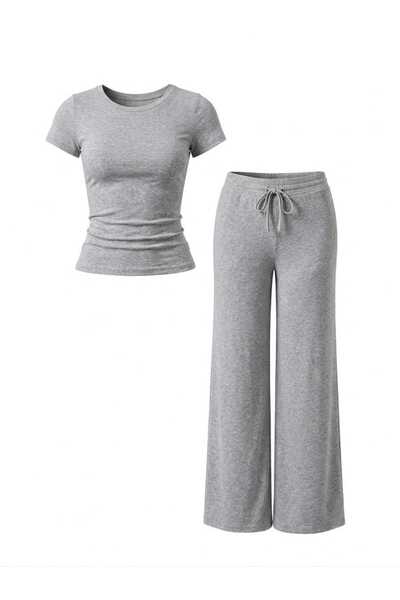 EVOA Women's Crew Neck Blouse & Wide Leg Pants Set
