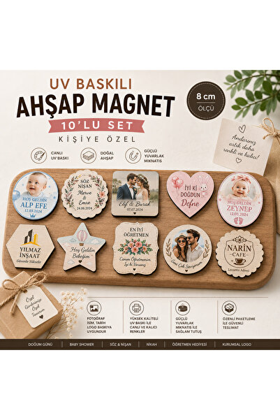 Kutup Yıldızı Tasarım Atölyesi Kişiye Özel UV Baskılı Ahşap Magnet 10’lu Set ...
